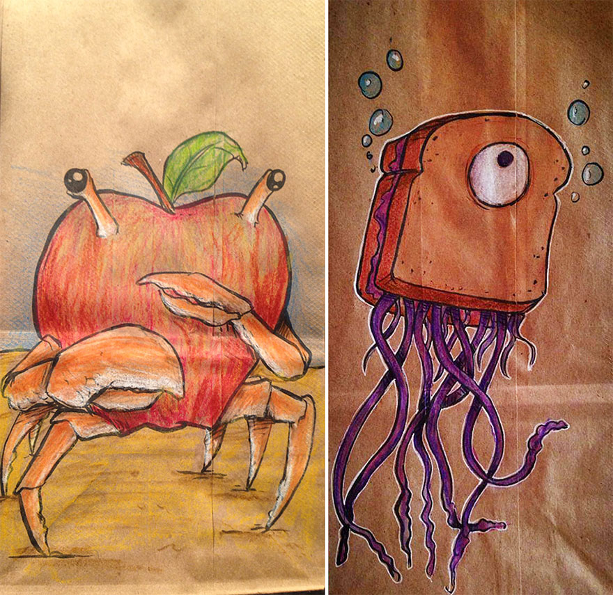 880x855 dad drew cool cartoon characters on his son's lunch bags every day - Lunch Bag Drawings