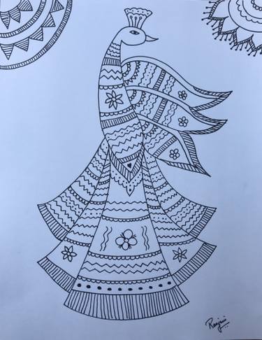 375x486 Madhubani Peacock Drawing - Madhubani Drawing