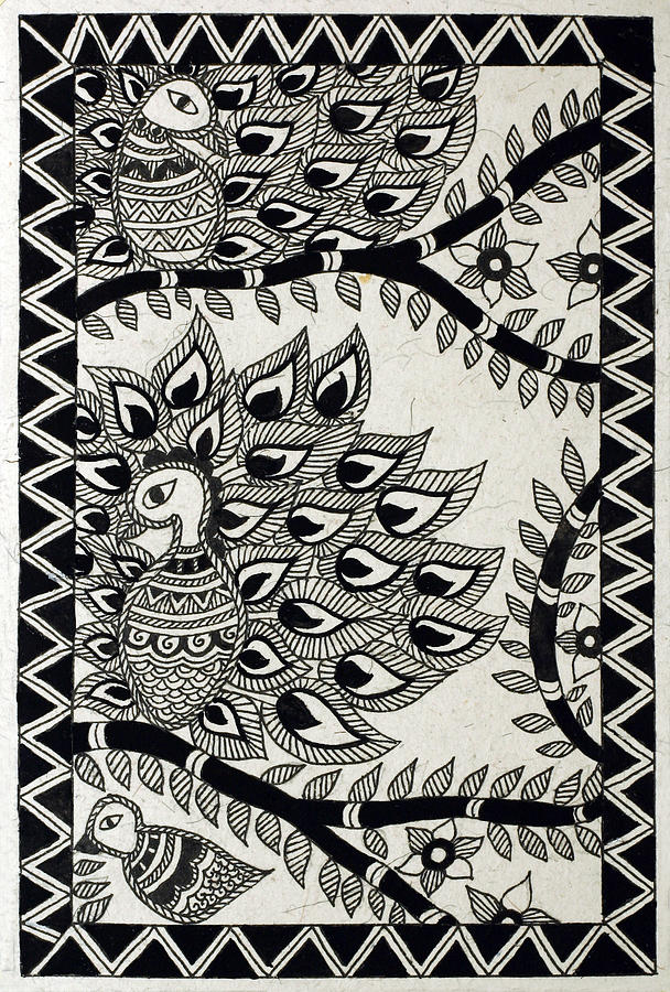 608x900 Black Birds Drawing - Madhubani Drawing