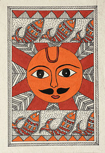 206x300 Festive Sun Drawing - Madhubani Drawing