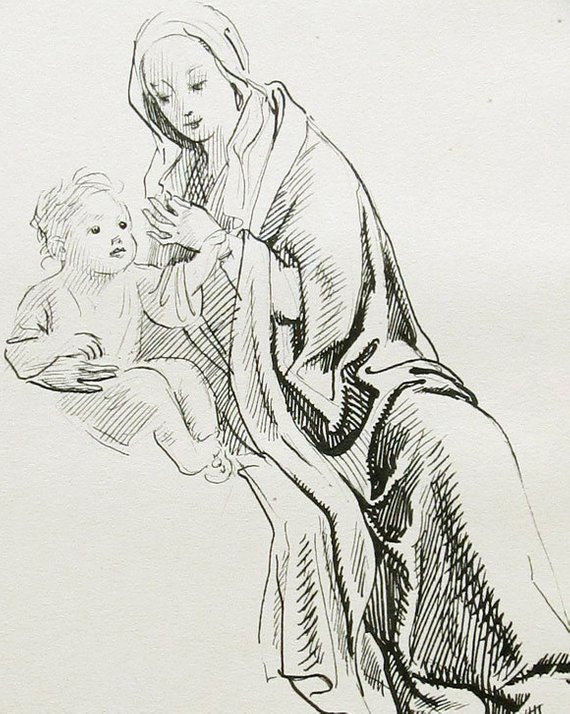 570x714 Madonna Child Beautiful Antique Pen And Ink Etsy - Madonna And Child Drawing