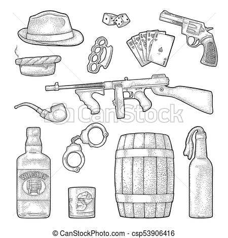 450x470 Gangster Mafia Set Engraving Vintage Vector Black Illustration - Mafia Drawing