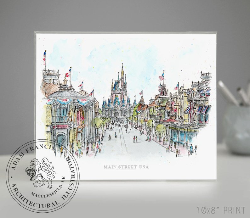 794x693 main street usa disney world art prints taken from my pen etsy - Magic Kingdom Drawing