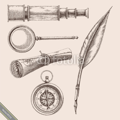 400x400 Vintage Compass, Quill Pen, Magnifying Glass,binoculars And Old - Magnifying Glass Drawing
