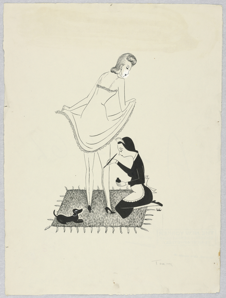 777x1024 drawing, maid painting stocking seams on a woman's legs, ca - Maid Drawing