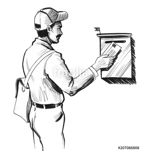 467x500 Postman Delivering The Mail Ink Black And White Drawing Stock - Mailman Drawing