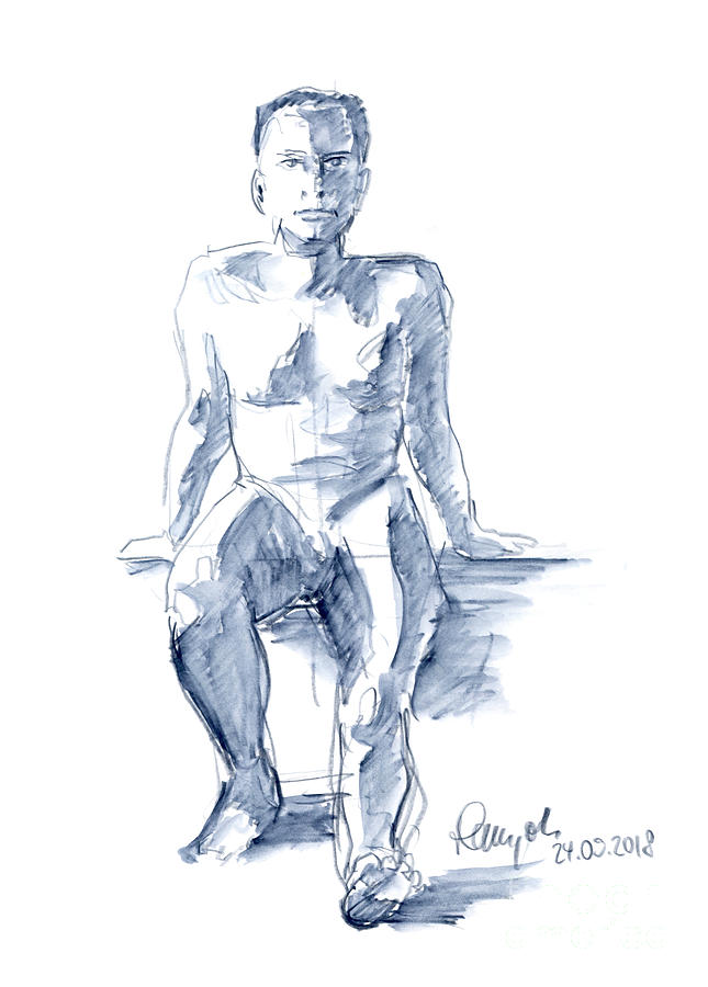 645x900 Male Figure Drawing Sitting Pose Colored Pencil Drawing - Male Figure Drawing