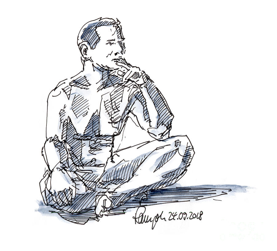 900x813 Male Figure Drawing Sitting Pose Fountain Pen Ink Drawing - Male Figure Drawing