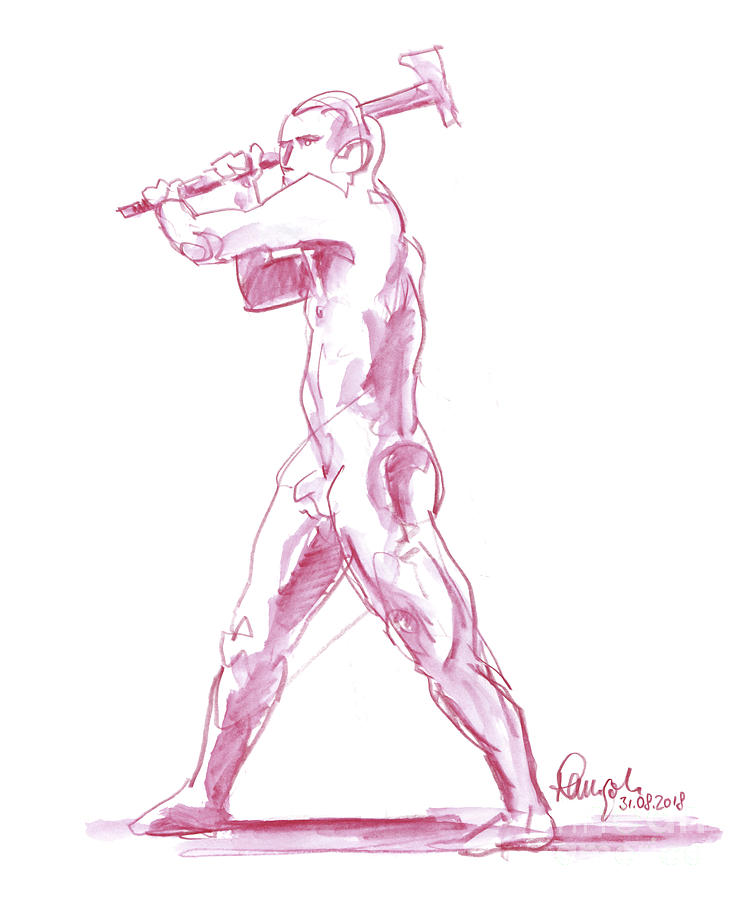 740x900 Male Figure Drawing Standing Pose Axe Fountain Pen Ink Drawing - Male Figure Drawing