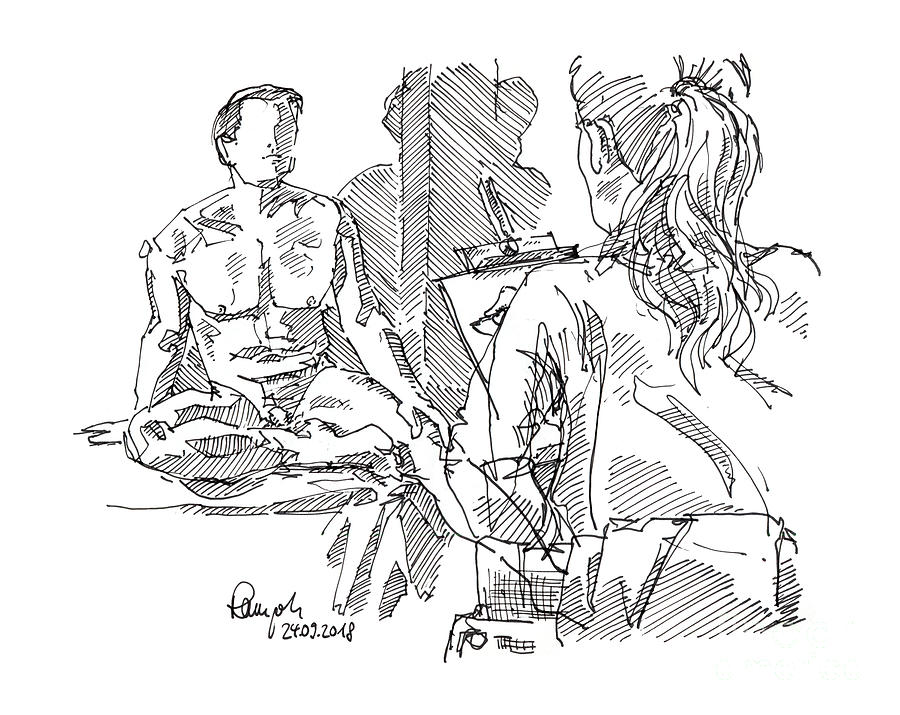 900x715 Male Figure Drawing Sitting Pose And Artist Fountain Pen Ink - Male Figure Drawing Model Poses