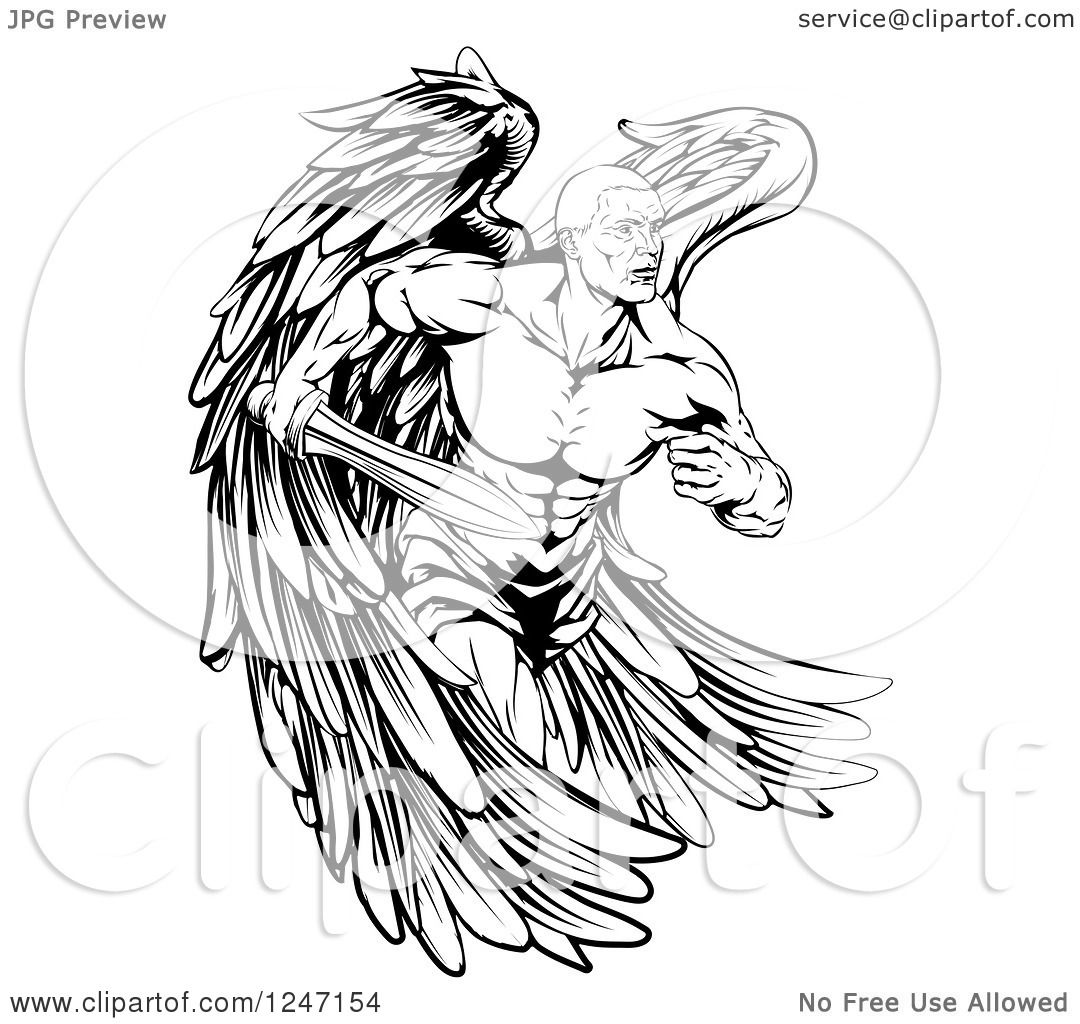 1080x1024 Clipart Of A Black And White Muscular Male Guardian Angel - Male Guardian Angel Drawing