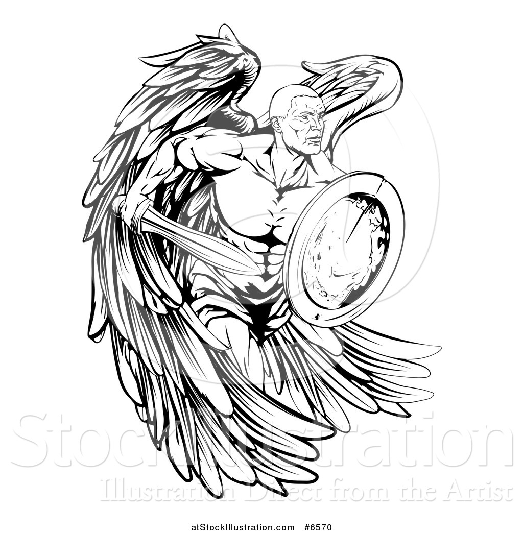 1024x1044 Vector Illustration Of A Black And White Muscular Male Guardian - Male Guardian Angel Drawing
