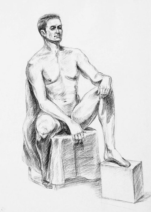 500x700 male model seated charcoal study greeting card for sale - Male Model Drawing