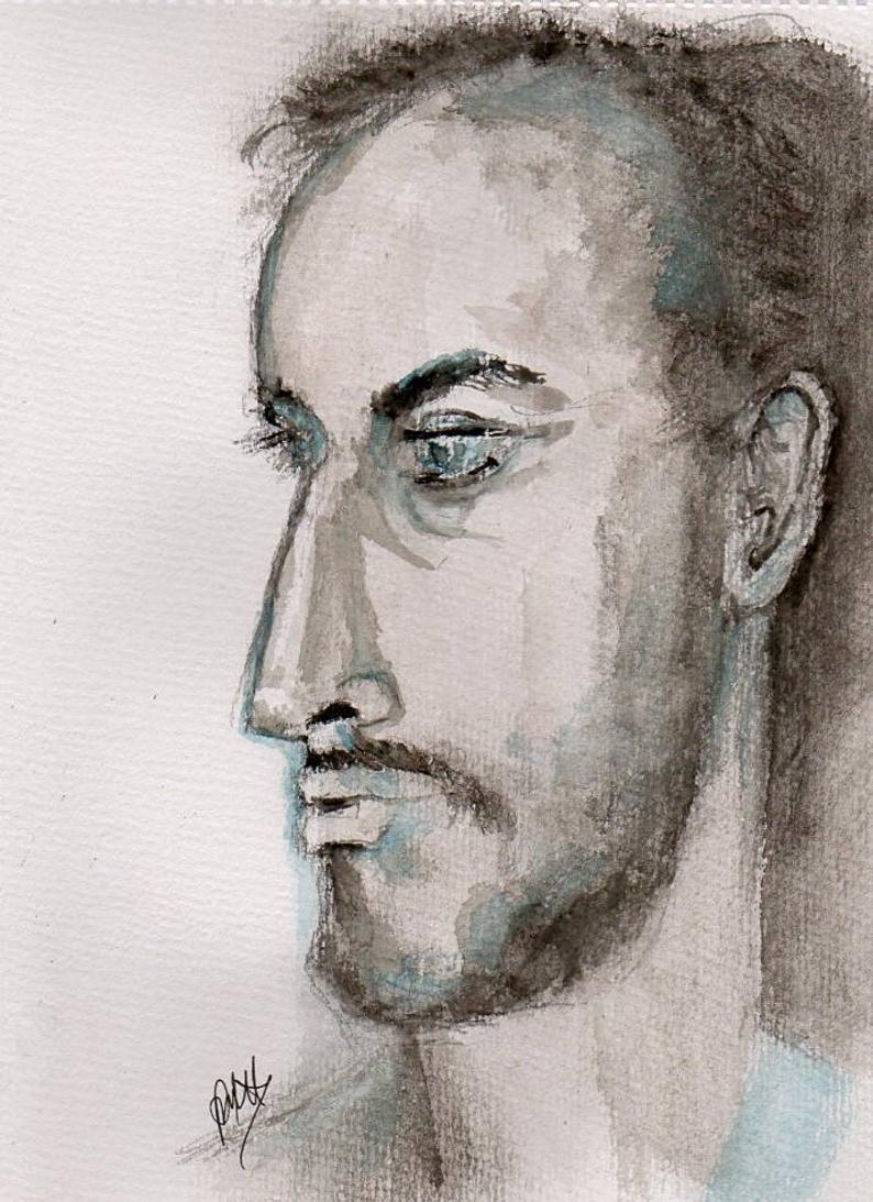 794x1093 Man's Face Profile Portrait In Watercolour And Gel Pen Etsy - Male Profile Drawing