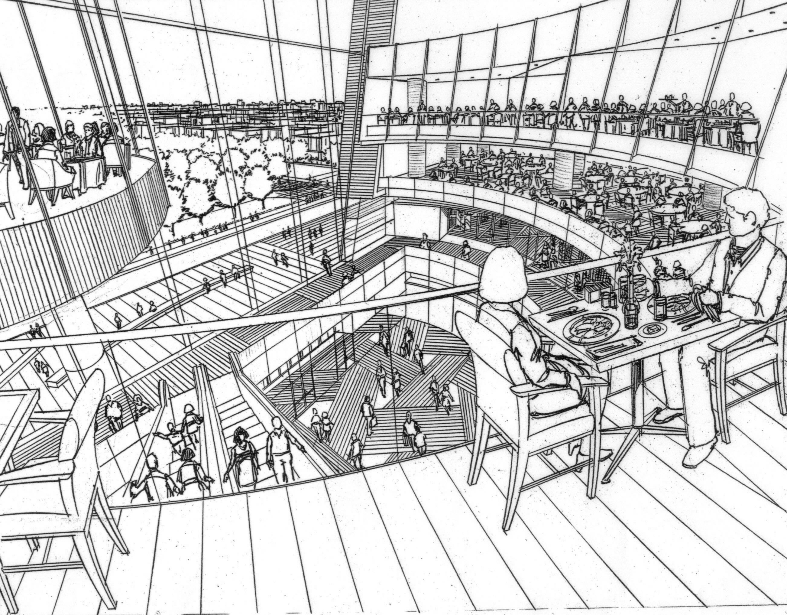2604x2034 preliminary sketch of retail mall interior black prismacolor - Mall Drawing