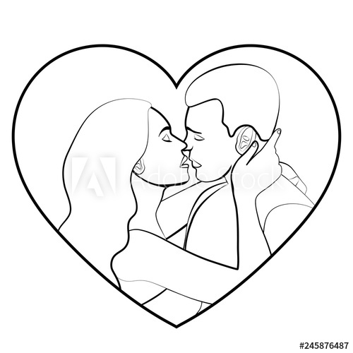 500x500 Couple In Love Contour, Silhouette, Linear Black And White Outline - Man And Woman Hugging Drawing