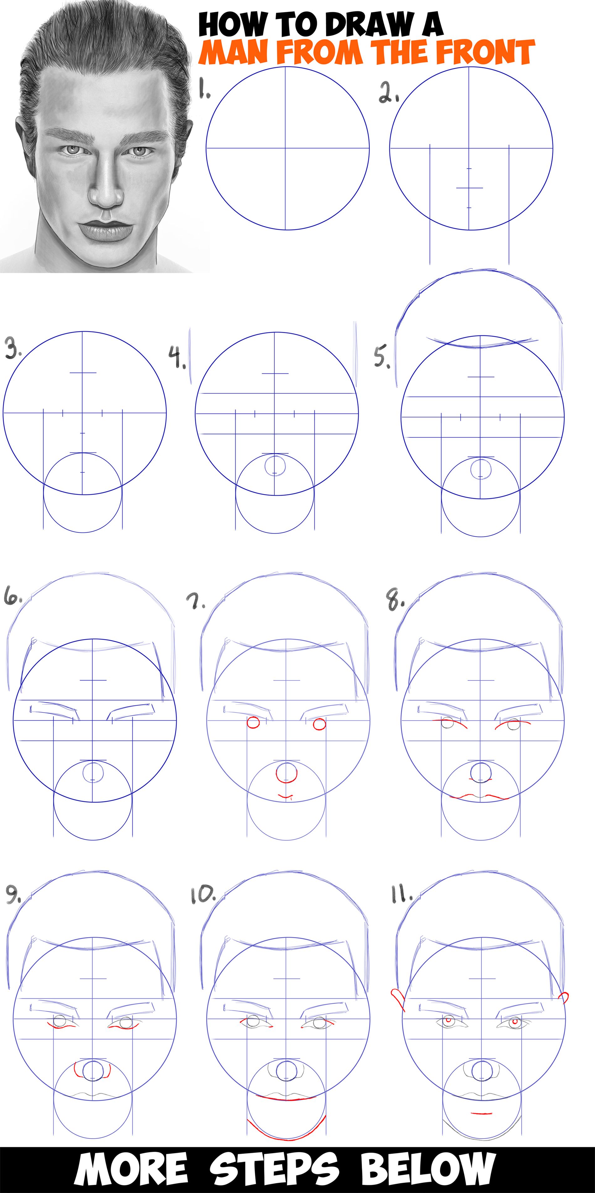 1900x3810 How To Draw A Man's Face From The Front View - Man Face Drawing Step By Step
