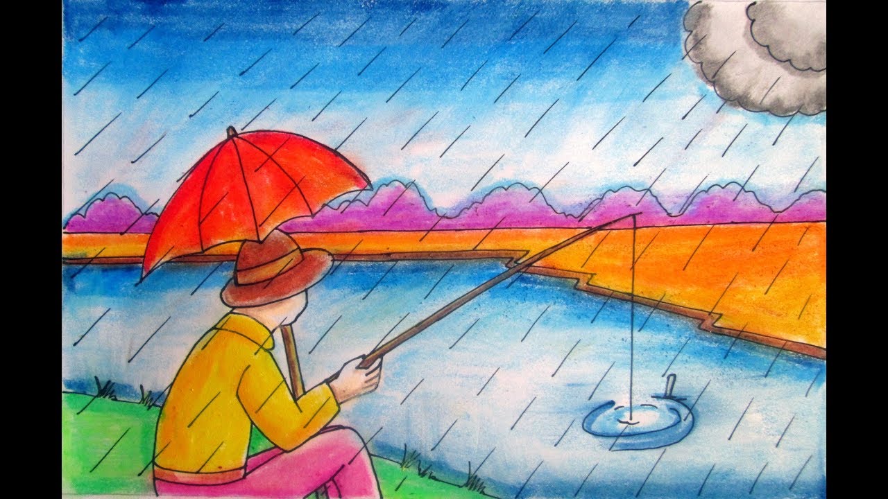 1280x720 Rainy Season Drawing Fisher Man Fishing In The River Village - Man Fishing Drawing