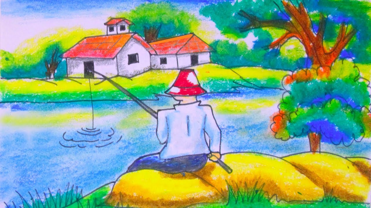 1280x720 Spring Season Drawing Fisher Man Fishing In The River Village - Man Fishing Drawing