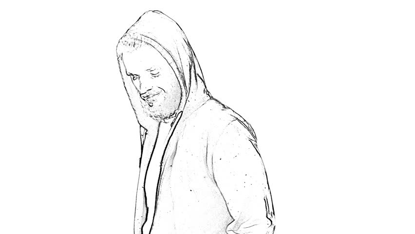 852x480 Outlined Young Bearded Man Wearing Stock Footage Video - Man In Hoodie Drawing