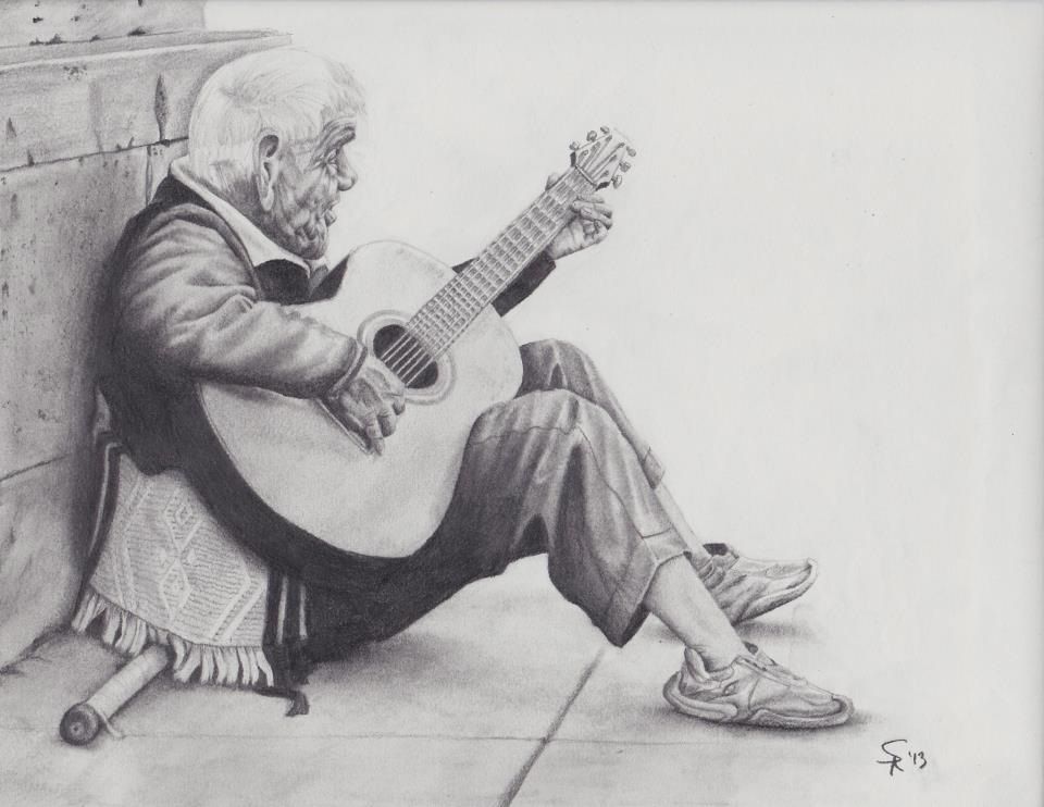 960x742 Pencil Sketch Of An Awesome Old Man Hobo Playing Guitar Art - Man Playing Guitar Drawing
