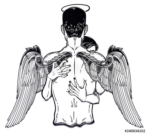 500x455 Woman Hugs A Guardian Angel Man With Open Wings - Man With Wings Drawing