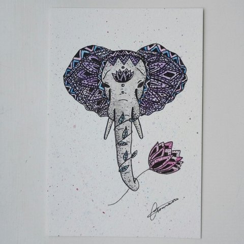 480x480 Original, Hand Drawn Watercolour Mandala Elephant Postcard - Mandala Elephant Drawing