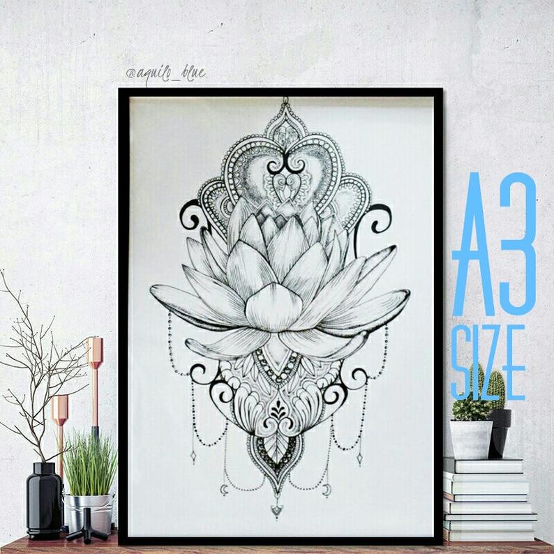 794x794 boho lotus flower mandala dotwork bohemian drawing art etsy - Mandala Lotus Flower Drawing