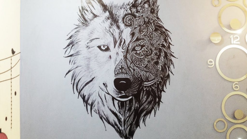 1024x576 Huge Wolf Mandala On Wall - Mandala Wolf Drawing