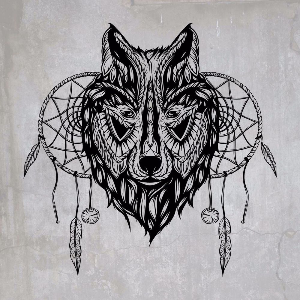 1000x1000 Dream Catcher Mandala Wolf Illustration Vinyl Wall Decal Sticker - Mandala Wolf Drawing