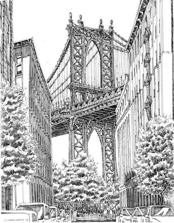 594x760 Manhattan Bridge Art Nyc Drawing, Manhattan Bridge, Urban - Manhattan Bridge Drawing