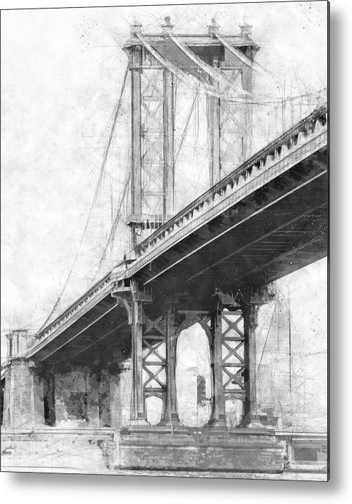 494x707 Manhattan Bridge Nyc Monotone Metal Print - Manhattan Bridge Drawing
