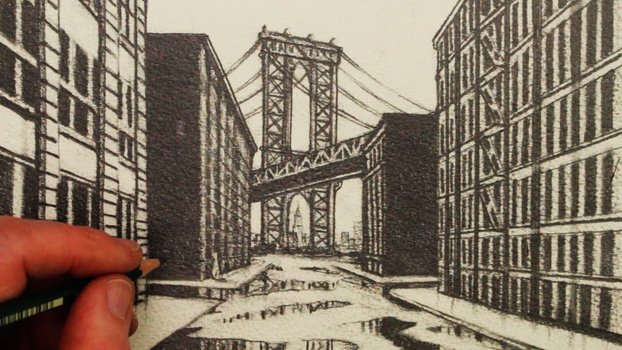 1280x720 How To Draw Point Perspective A View Of Manhattan Bridge - Manhattan Bridge Drawing