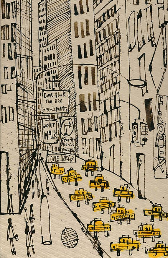 570x873 new york city taxi drawing, signed art print, new york painting - Manhattan Drawing