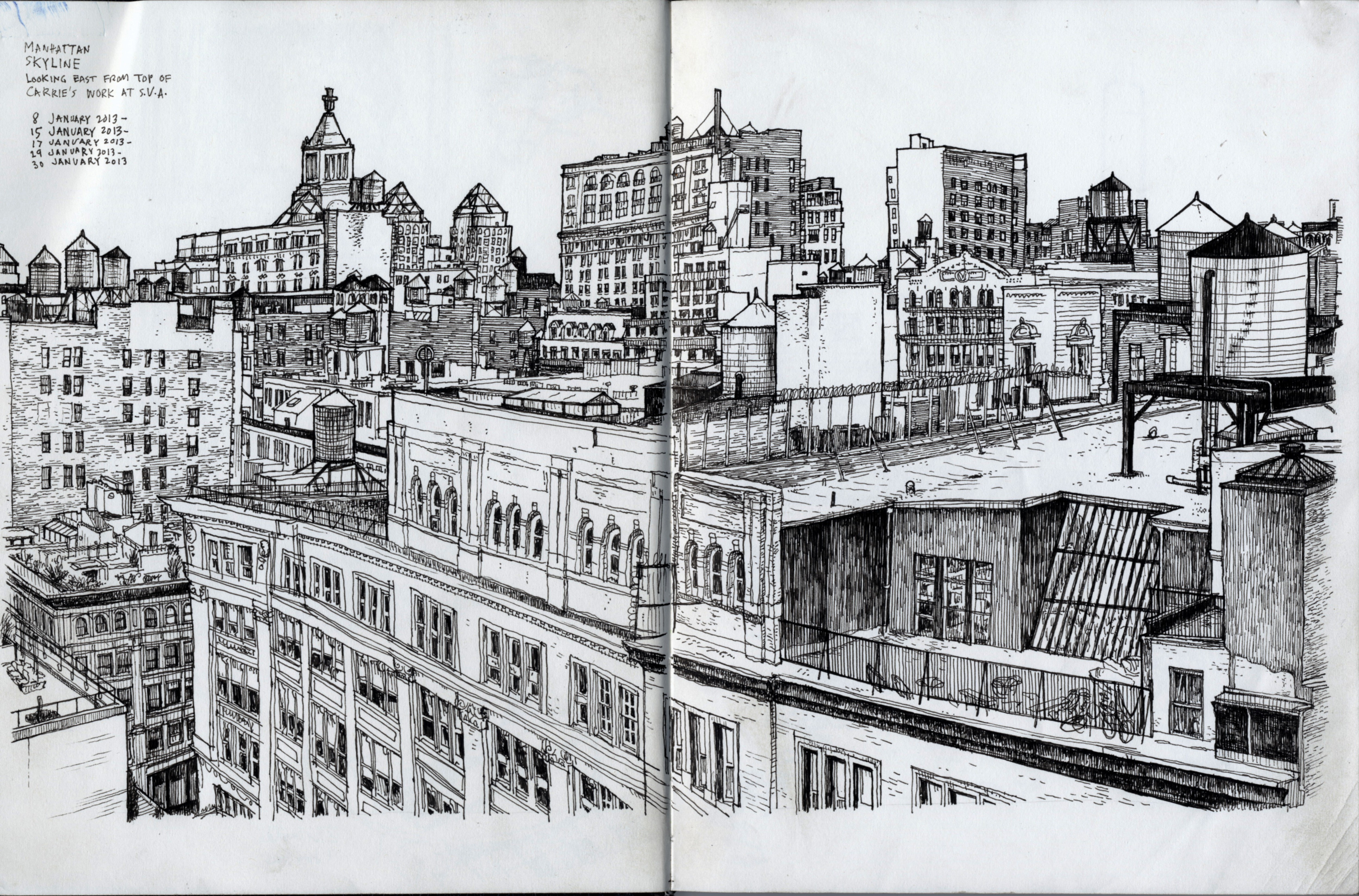 4999x3296 rooftop manhattan skyline drawing january handmade ransom - Manhattan Drawing