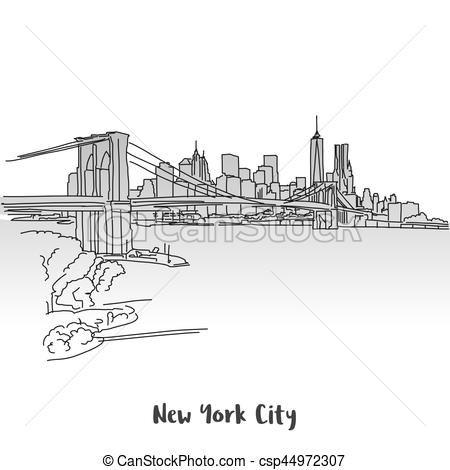 450x470 Nyc Skyline Greeting Card Design, Hand Drawn Vector Outline Sketch - Manhattan Skyline Line Drawing