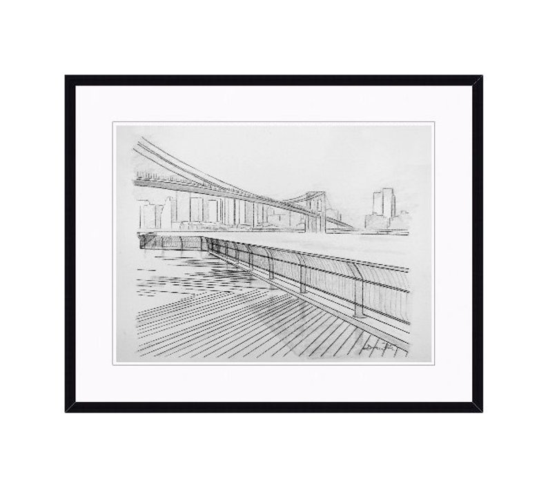 794x706 Original Brooklyn Bridge Artwork Framed Drawing Choose Etsy - Manhattan Skyline Line Drawing