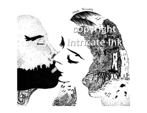 480x371 Mother Nature Kissing Mankind Ink Drawing - Mankind Drawing