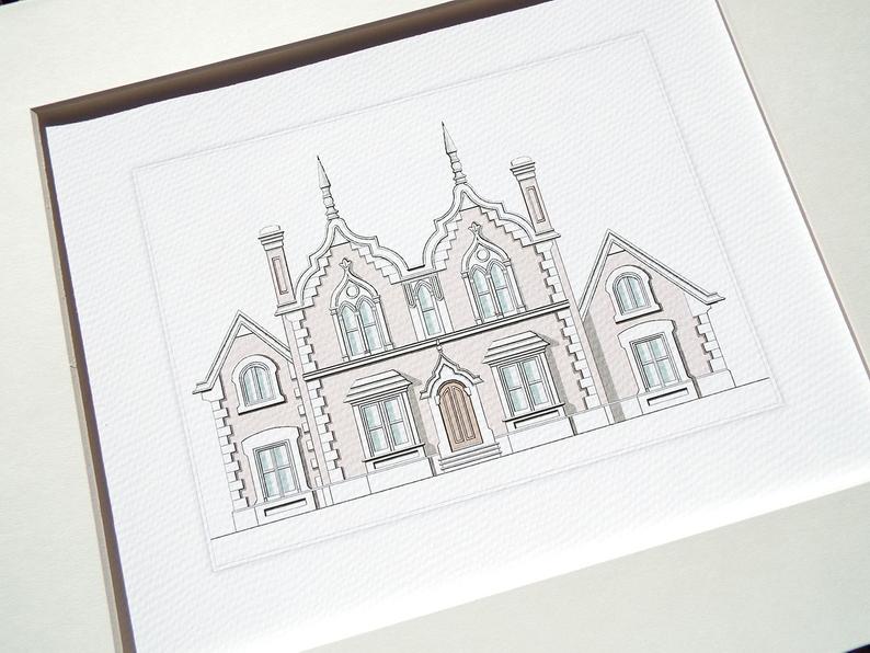 794x596 Architectural Print Of Pastel English Manor House Drawing On Etsy - Manor Drawing