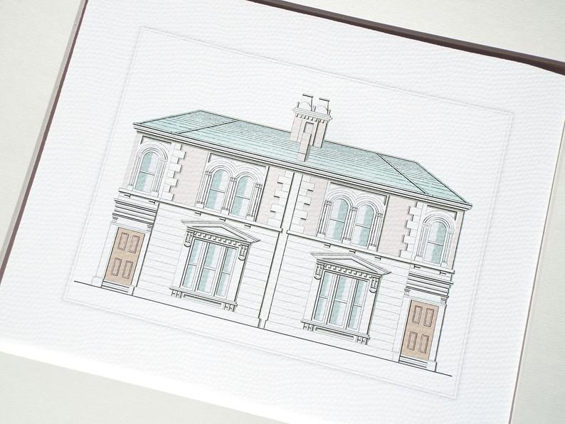 794x596 Architectural Print Of Pastel English Manor House Drawing On Etsy - Manor Drawing