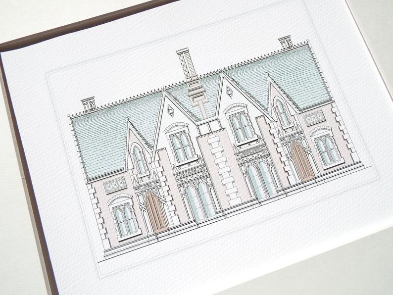 794x596 Architectural Print Of Pastel English Manor House Drawing On Etsy - Manor Drawing