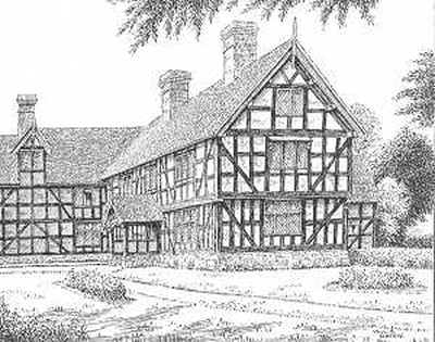 400x315 stanton lacy, langley manor house, shropshire, pen drawing - Manor House Drawing