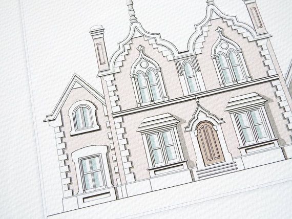 570x428 architectural print of pastel english manor house drawing - Manor House Drawing