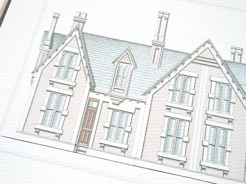 794x596 architectural print of pastel english manor house drawing on etsy - Manor House Drawing