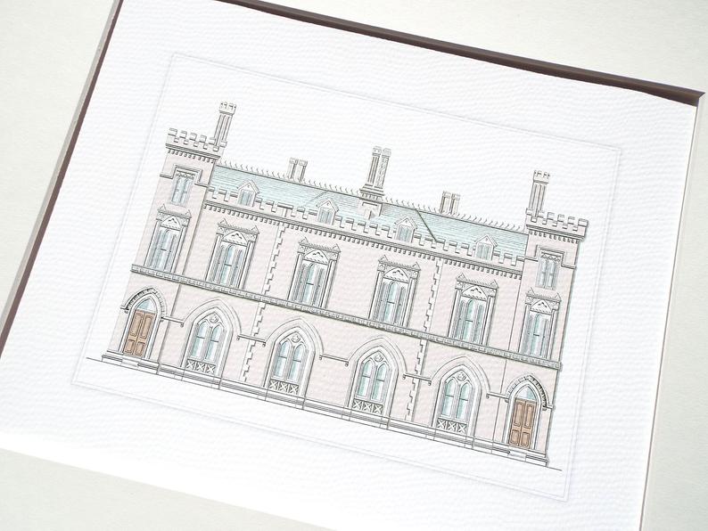 794x596 architectural print of pastel english manor house drawing on etsy - Manor House Drawing