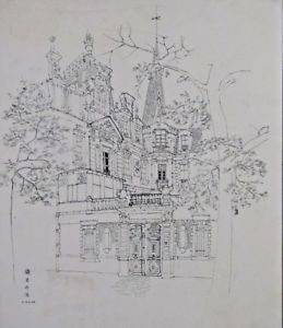 259x300 Rare Japan Japanese Ink Paper Architectural Victorian Mansion - Mansion Drawing