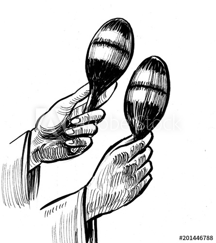 445x500 hands holding maracas ink black and white drawing - Maracas Drawing