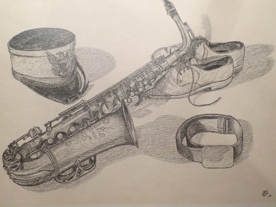 570x428 original pencil drawing of saxophone marching band hat and etsy - Marching Band Drawing