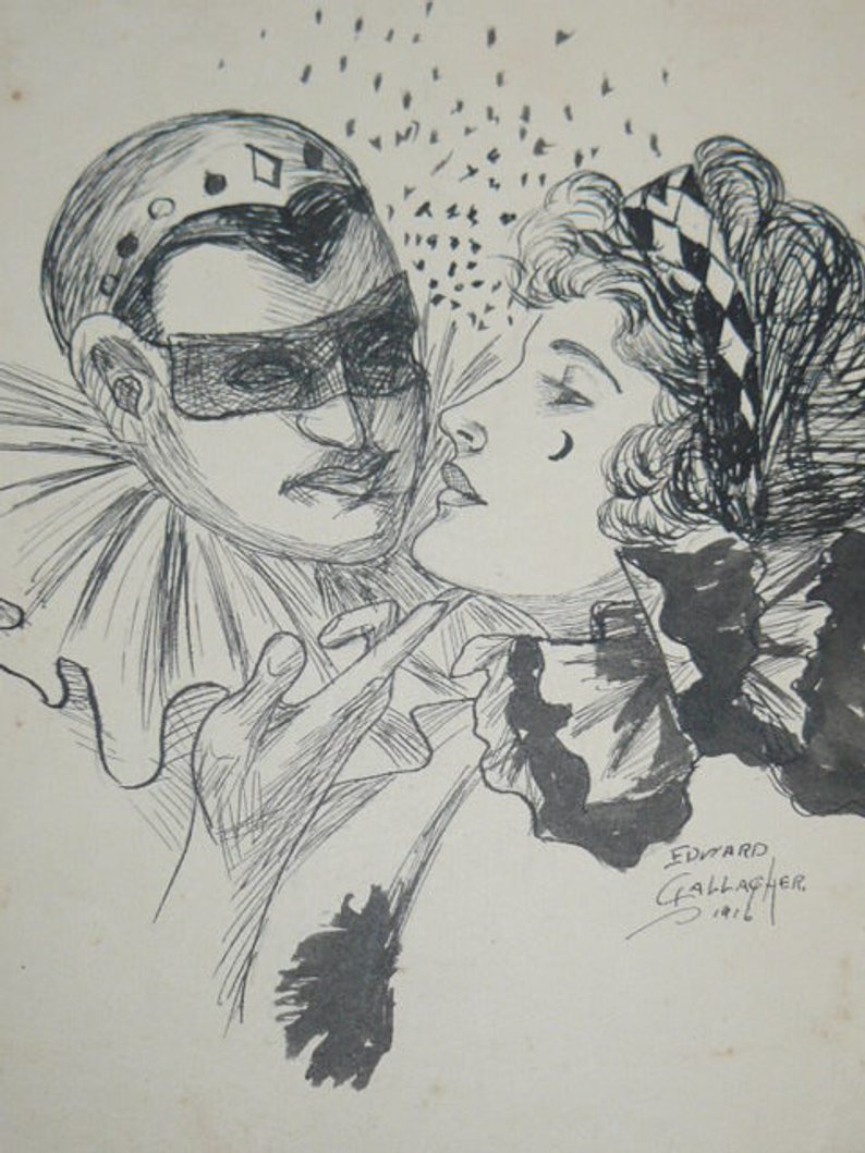 794x1059 original gibson girl style painting pen and ink drawing mardi etsy - Mardi Gras Drawing