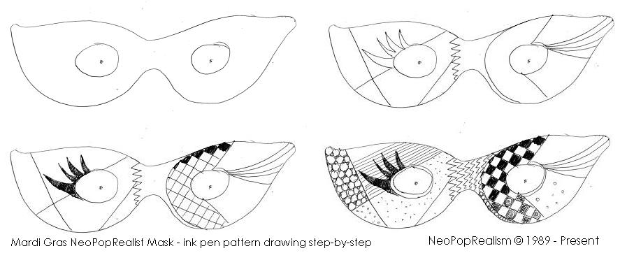 887x382 Mardi Gras Neopoprealist Mask With Ink Pen Pattern Drawing - Mardi Gras Mask Drawing